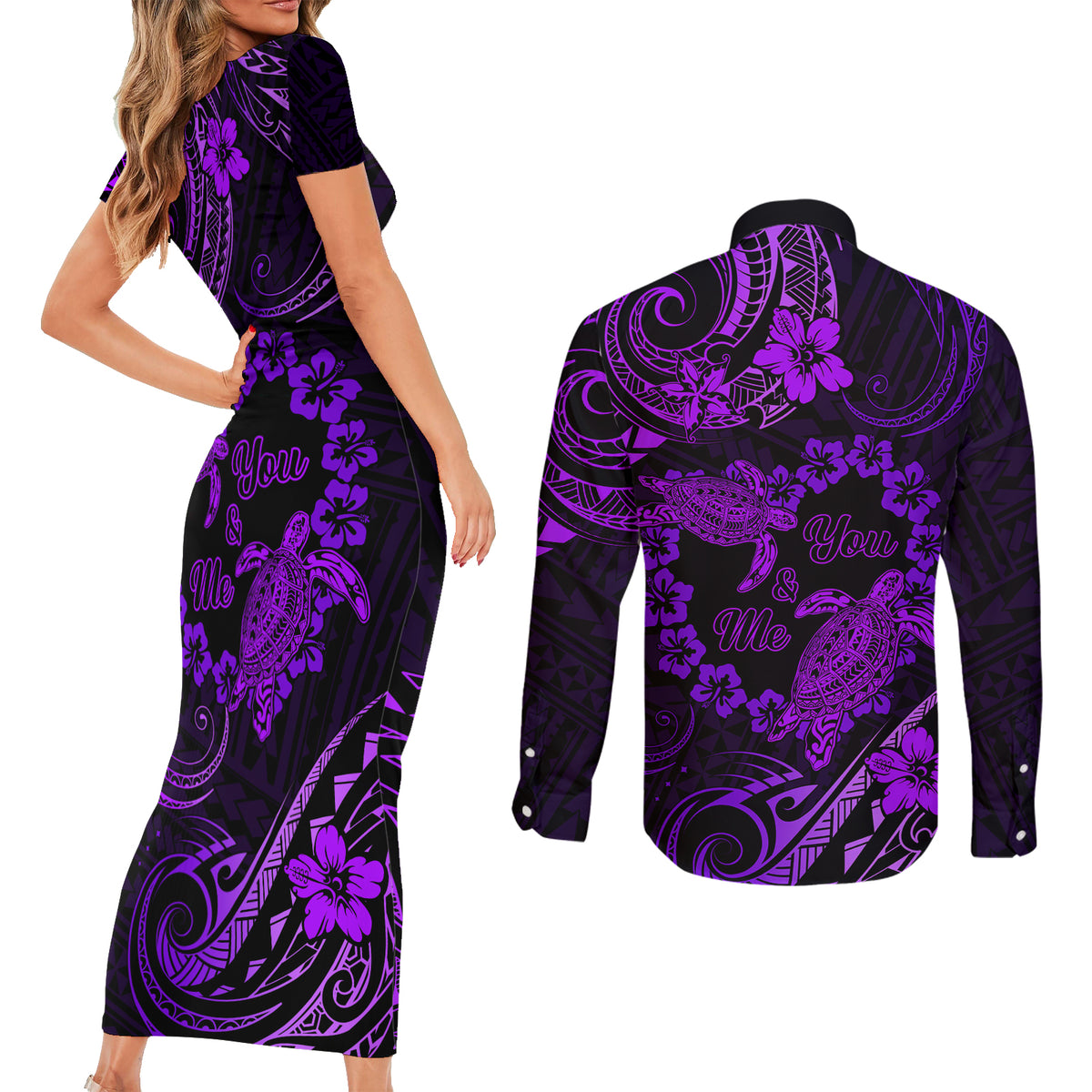 Polynesian Turtle Valentine Couples Matching Short Sleeve Bodycon Dress and Long Sleeve Button Shirt You And Me Purple Hibiscus Heart LT01 - Polynesian Pride