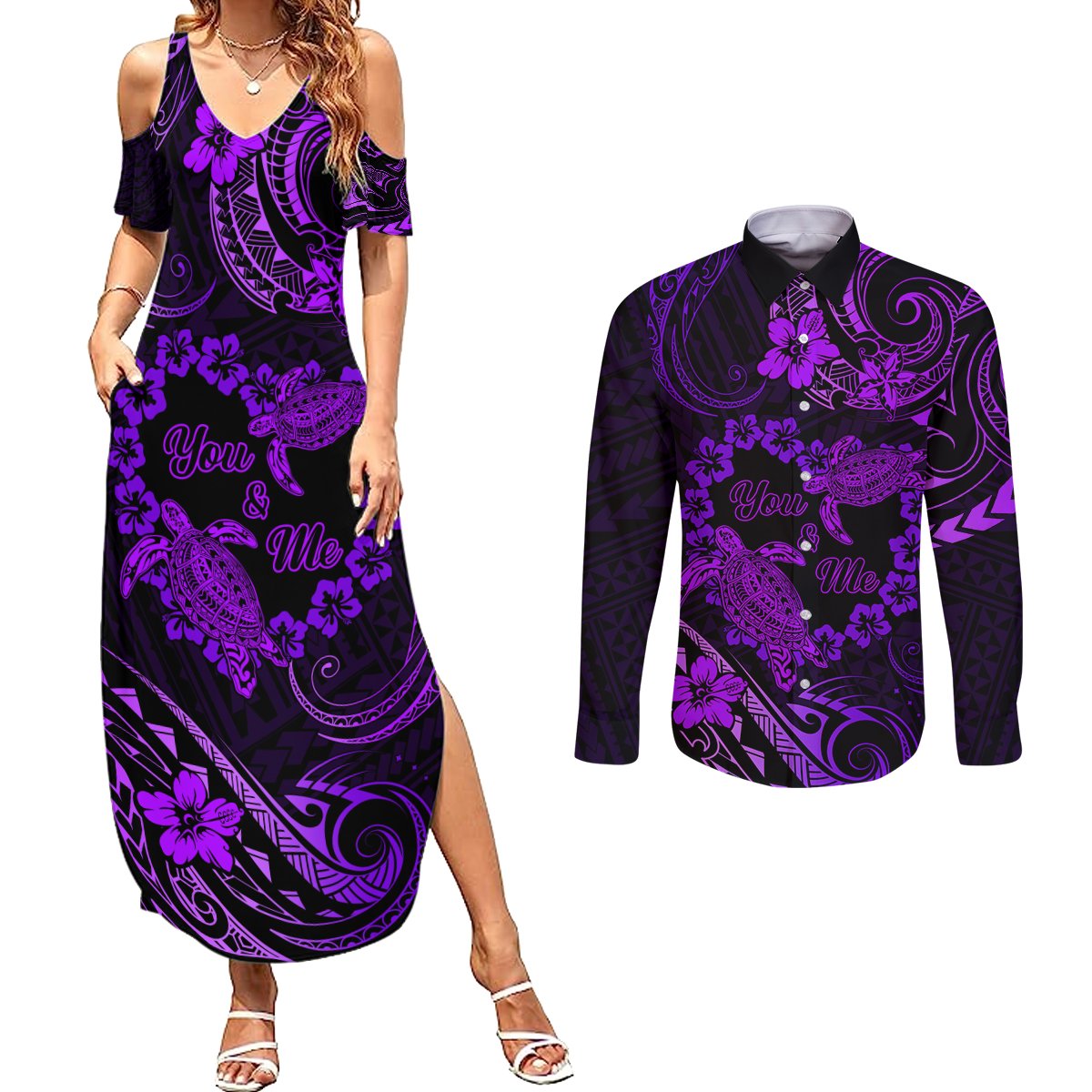 Polynesian Turtle Valentine Couples Matching Summer Maxi Dress and Long Sleeve Button Shirt You And Me Purple Hibiscus Heart LT01 Purple - Polynesian Pride