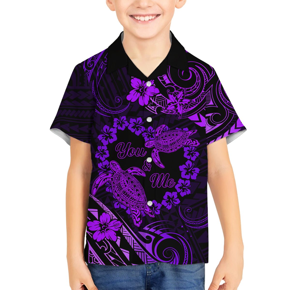 Polynesian Turtle Valentine Family Matching Tank Maxi Dress and Hawaiian Shirt You And Me Purple Hibiscus Heart LT01 Son's Shirt Purple - Polynesian Pride