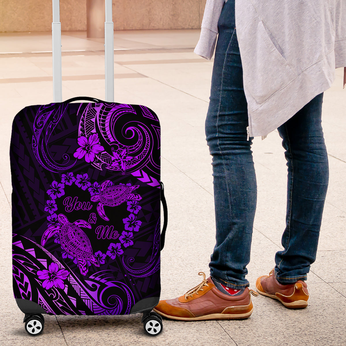 Polynesian Turtle Valentine Luggage Cover You And Me Purple Hibiscus Heart LT01 Purple - Polynesian Pride