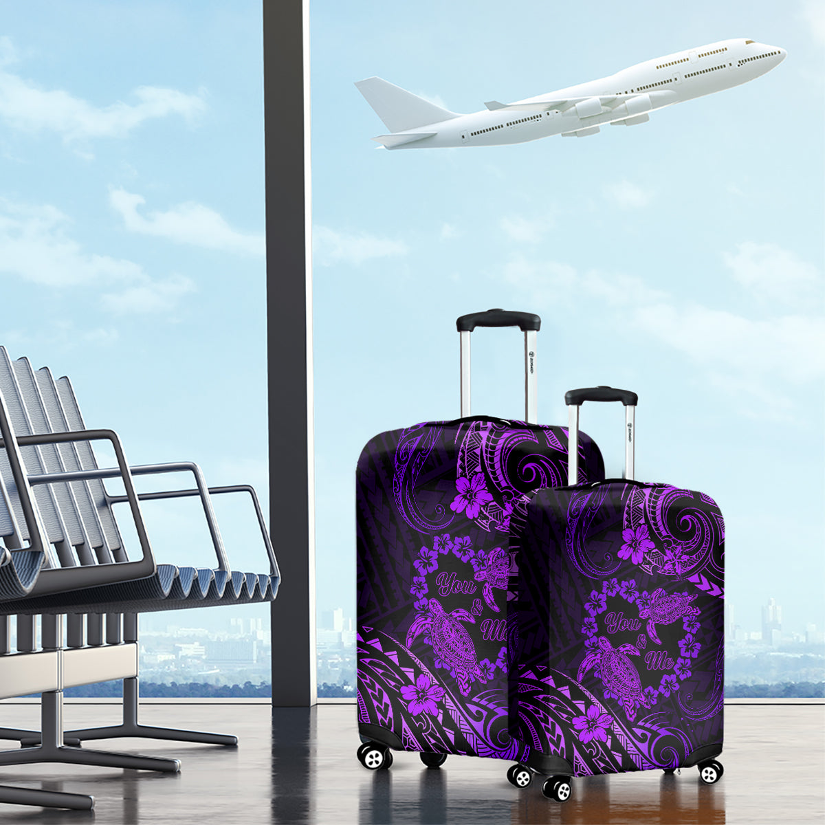 Polynesian Turtle Valentine Luggage Cover You And Me Purple Hibiscus Heart LT01 - Polynesian Pride