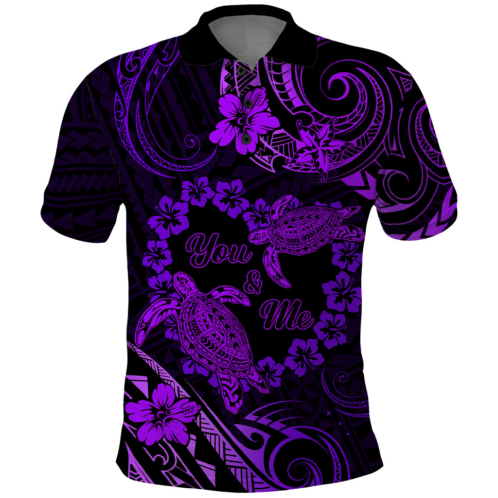Polynesian Turtle Valentine Polo Shirt You And Me Purple Hibiscus Heart LT01 Purple - Polynesian Pride