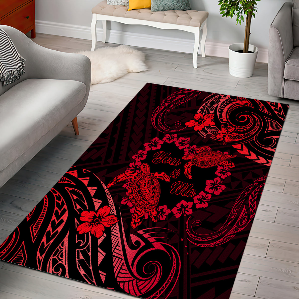 Polynesian Turtle Valentine Area Rug You And Me Red Hibiscus Heart LT01 - Polynesian Pride