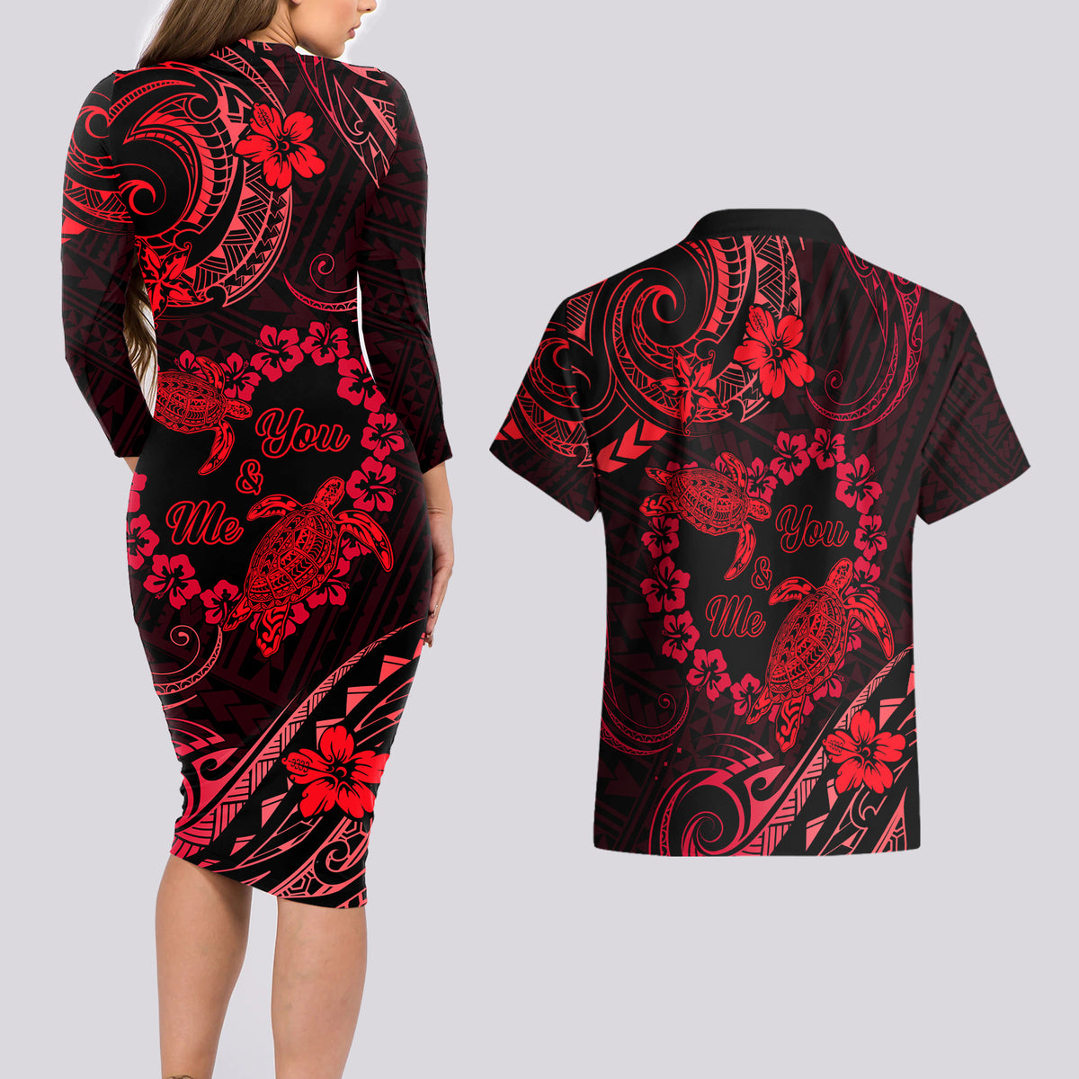 Polynesian Turtle Valentine Couples Matching Long Sleeve Bodycon Dress and Hawaiian Shirt You And Me Red Hibiscus Heart LT01 - Polynesian Pride