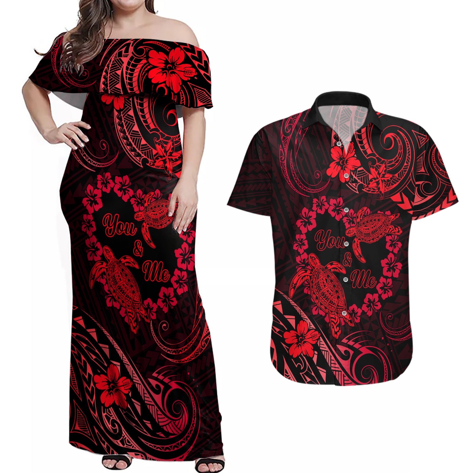 Polynesian Turtle Valentine Couples Matching Off Shoulder Maxi Dress and Hawaiian Shirt You And Me Red Hibiscus Heart LT01 Red - Polynesian Pride
