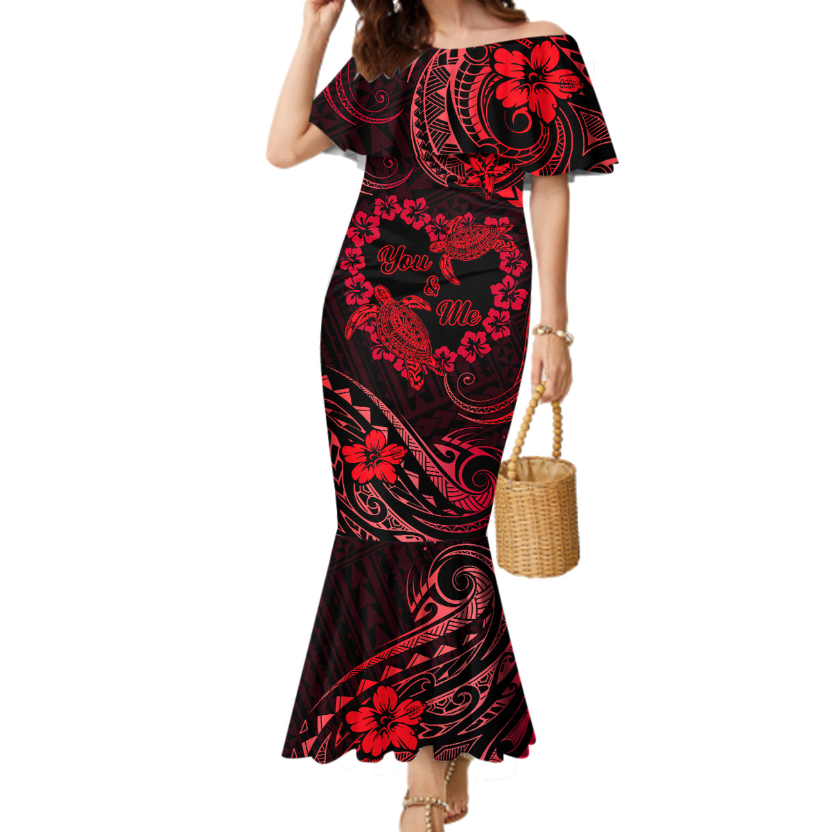 Polynesian Turtle Valentine Family Matching Mermaid Dress and Hawaiian Shirt You And Me Red Hibiscus Heart LT01 Mom's Dress Red - Polynesian Pride