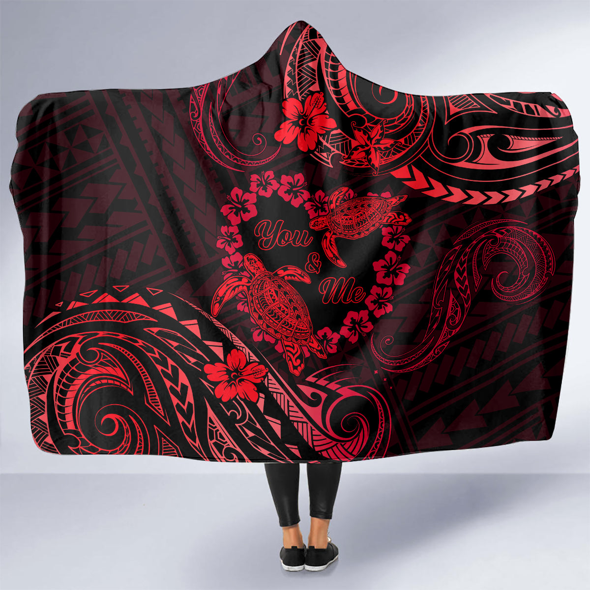 Polynesian Turtle Valentine Hooded Blanket You And Me Red Hibiscus Heart LT01 - Polynesian Pride