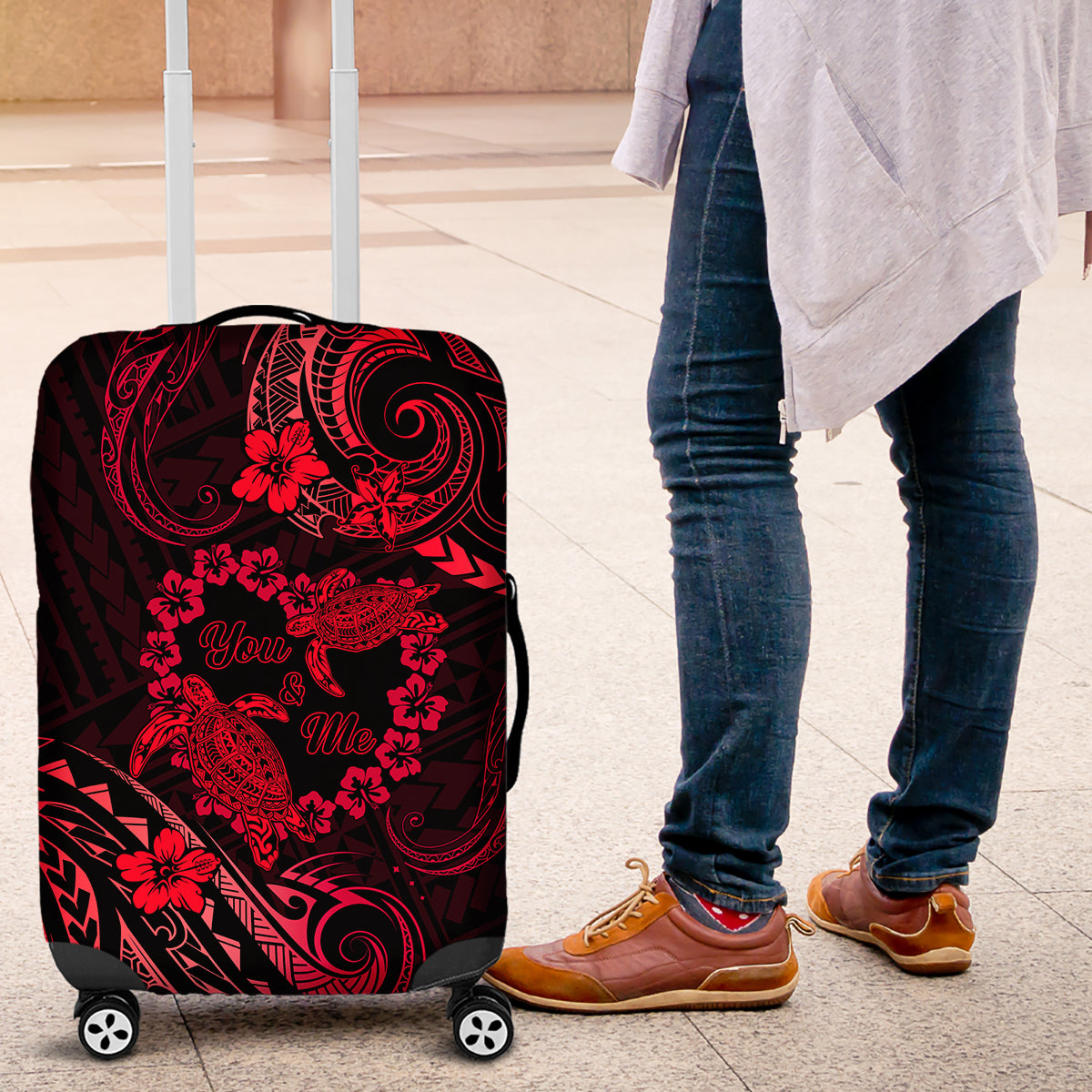 Polynesian Turtle Valentine Luggage Cover You And Me Red Hibiscus Heart LT01 Red - Polynesian Pride