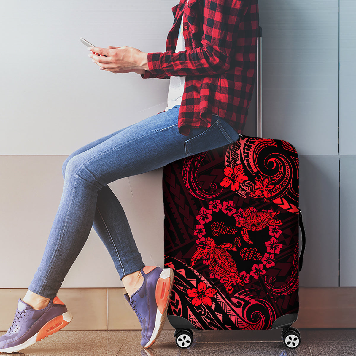 Polynesian Turtle Valentine Luggage Cover You And Me Red Hibiscus Heart LT01 - Polynesian Pride