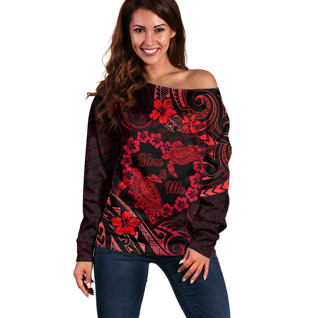 Polynesian Turtle Valentine Off Shoulder Sweater You And Me Red Hibiscus Heart LT01 Women Red - Polynesian Pride