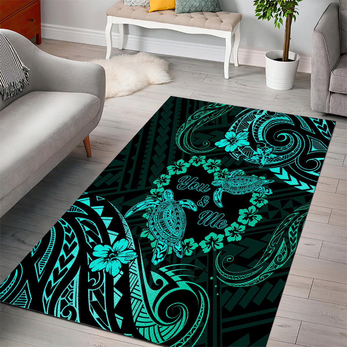Polynesian Turtle Valentine Area Rug You And Me Turquoise Hibiscus Heart LT01 - Polynesian Pride