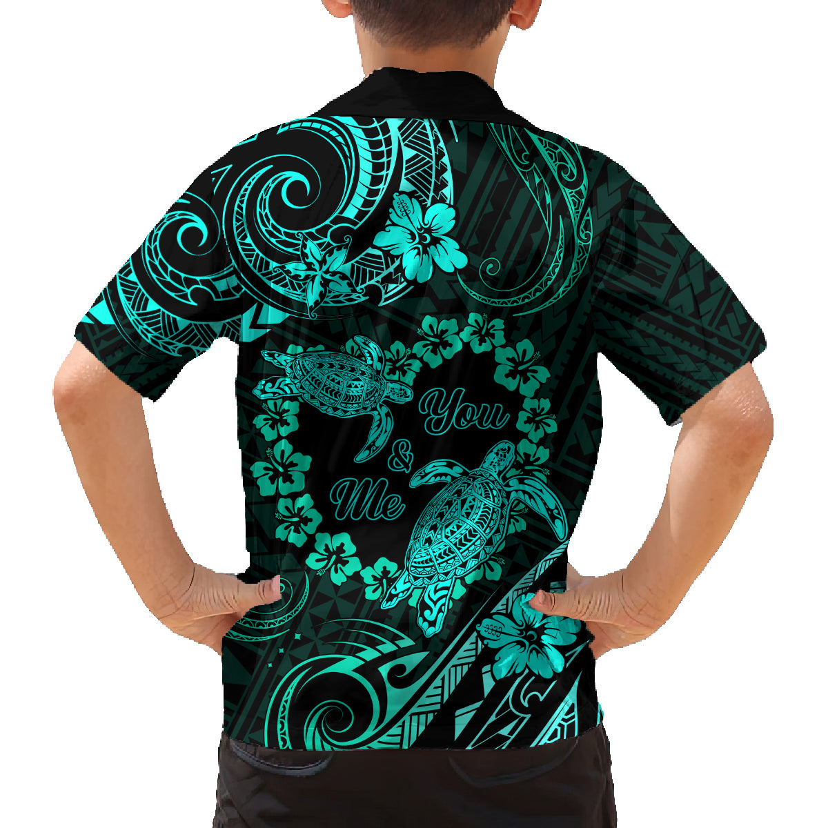 Polynesian Turtle Valentine Family Matching Long Sleeve Bodycon Dress and Hawaiian Shirt You And Me Turquoise Hibiscus Heart LT01 - Polynesian Pride