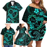 Polynesian Turtle Valentine Family Matching Off Shoulder Short Dress and Hawaiian Shirt You And Me Turquoise Hibiscus Heart LT01 - Polynesian Pride