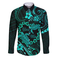 Polynesian Turtle Valentine Family Matching Off Shoulder Short Dress and Hawaiian Shirt You And Me Turquoise Hibiscus Heart LT01 Dad's Shirt - Long Sleeve Turquoise - Polynesian Pride