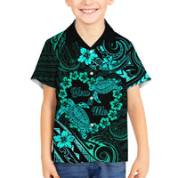 Polynesian Turtle Valentine Family Matching Off Shoulder Short Dress and Hawaiian Shirt You And Me Turquoise Hibiscus Heart LT01 Son's Shirt Turquoise - Polynesian Pride