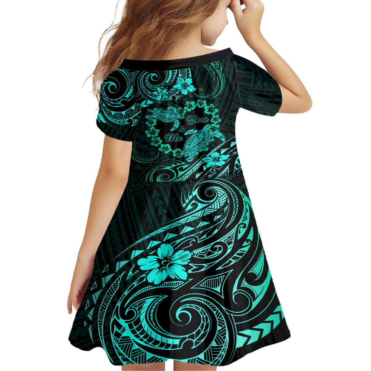 Polynesian Turtle Valentine Family Matching Short Sleeve Bodycon Dress and Hawaiian Shirt You And Me Turquoise Hibiscus Heart LT01 - Polynesian Pride