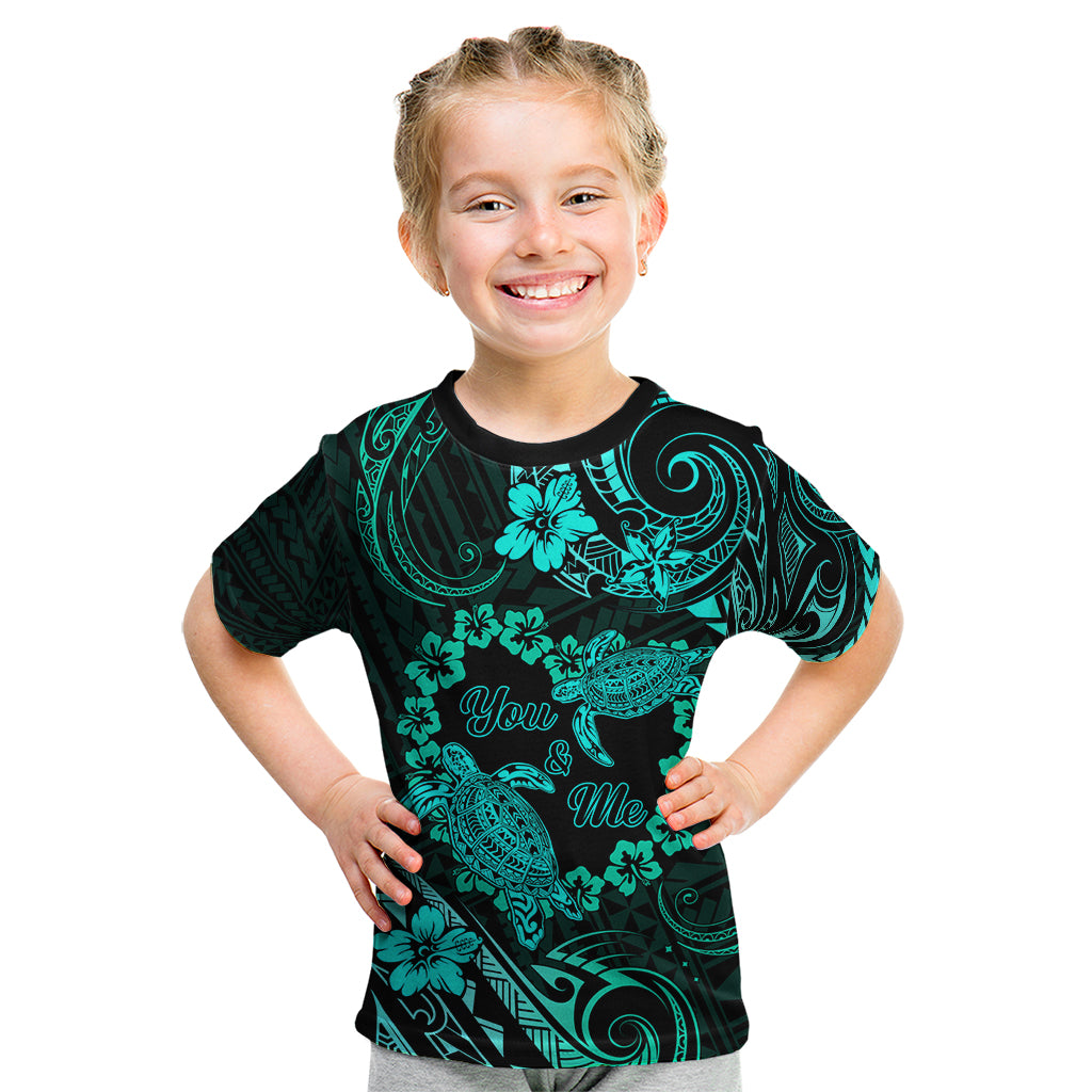 Polynesian Turtle Valentine Kid T Shirt You And Me Turquoise Hibiscus Heart LT01 Turquoise - Polynesian Pride