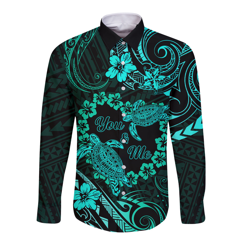 Polynesian Turtle Valentine Long Sleeve Button Shirt You And Me Turquoise Hibiscus Heart LT01 Unisex Turquoise - Polynesian Pride