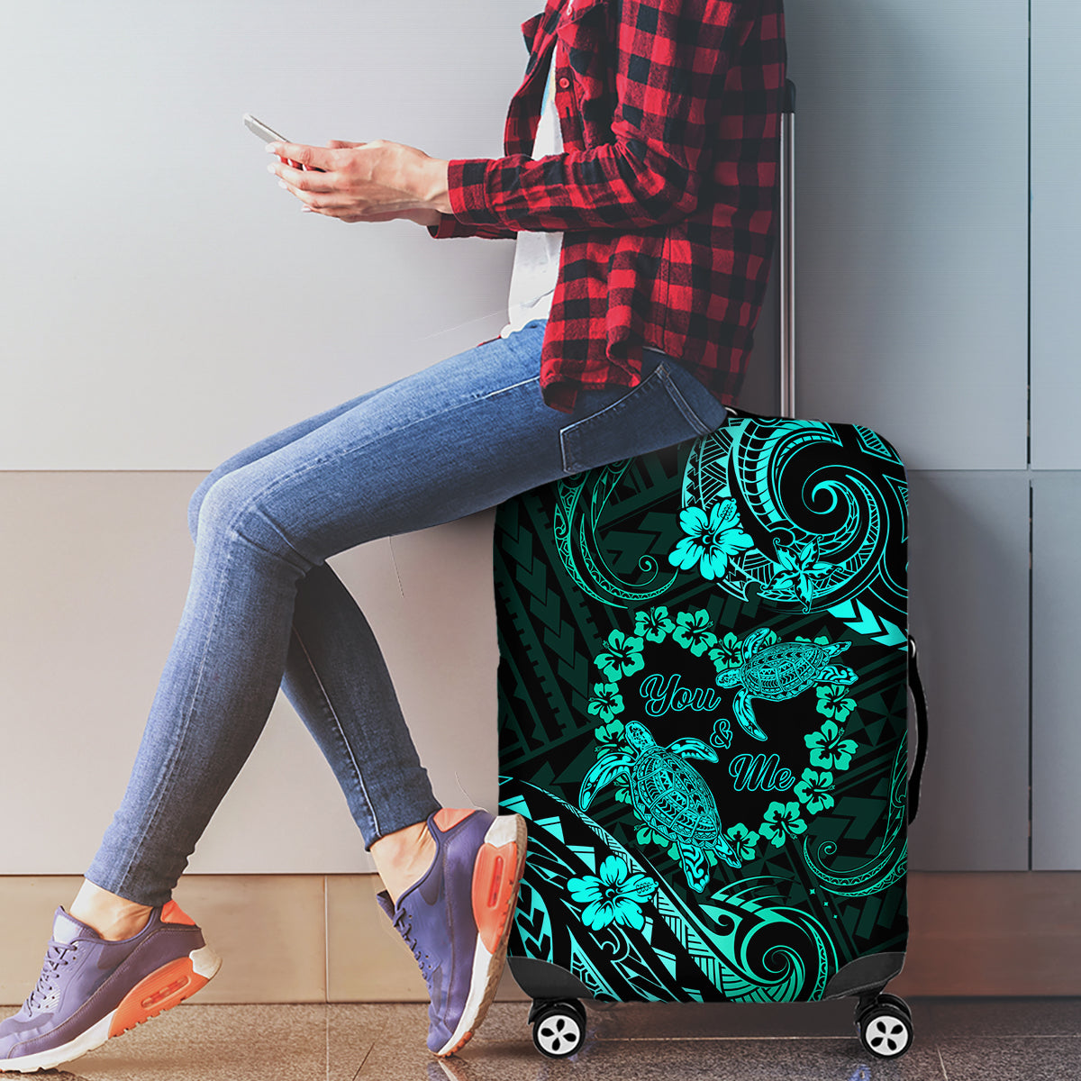 Polynesian Turtle Valentine Luggage Cover You And Me Turquoise Hibiscus Heart LT01 - Polynesian Pride