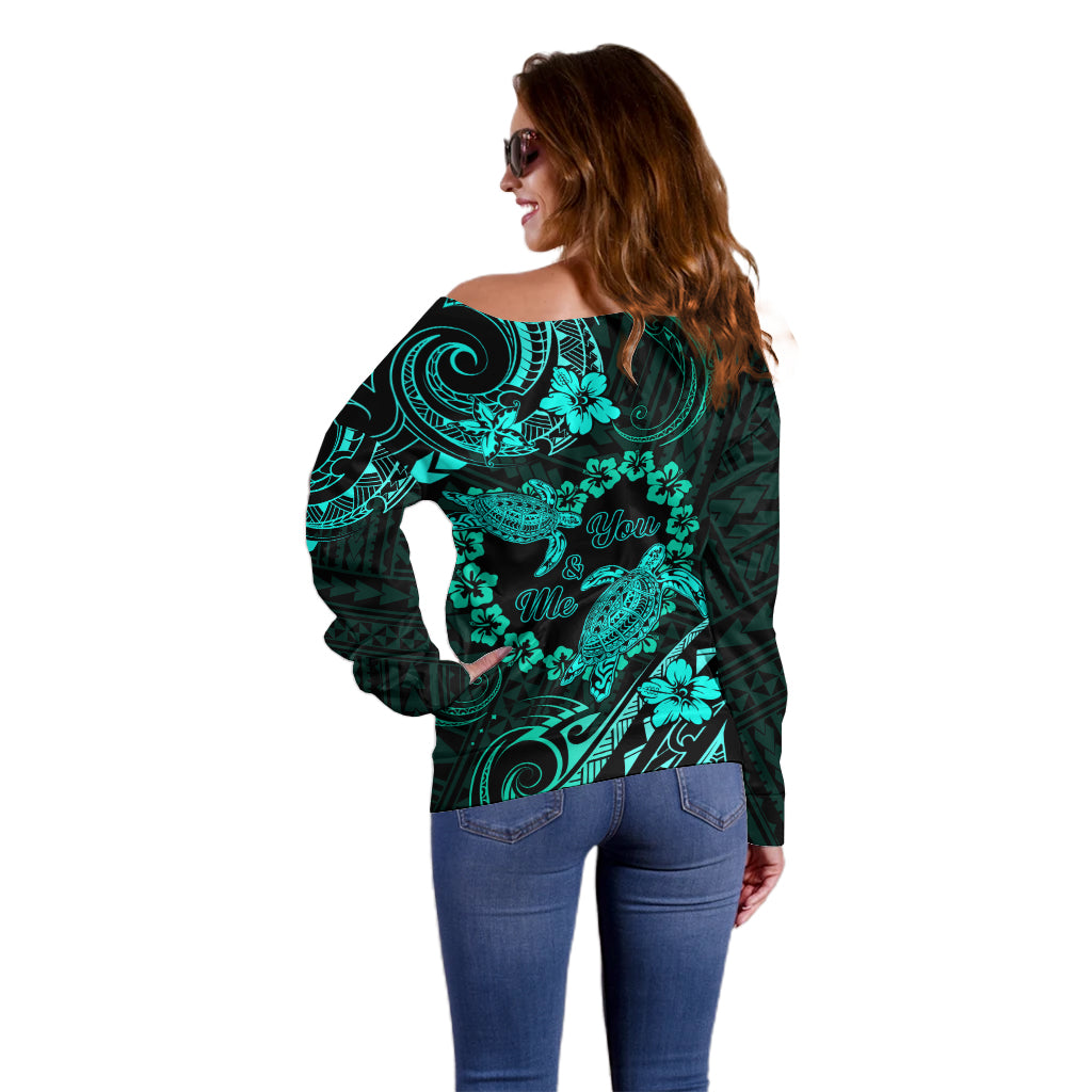 Polynesian Turtle Valentine Off Shoulder Sweater You And Me Turquoise Hibiscus Heart LT01 - Polynesian Pride