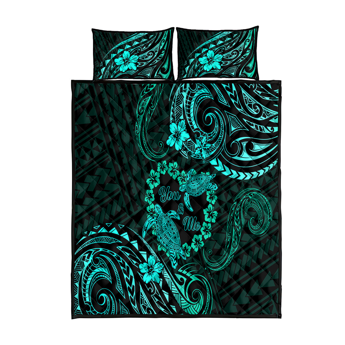 Polynesian Turtle Valentine Quilt Bed Set You And Me Turquoise Hibiscus Heart LT01 Turquoise - Polynesian Pride