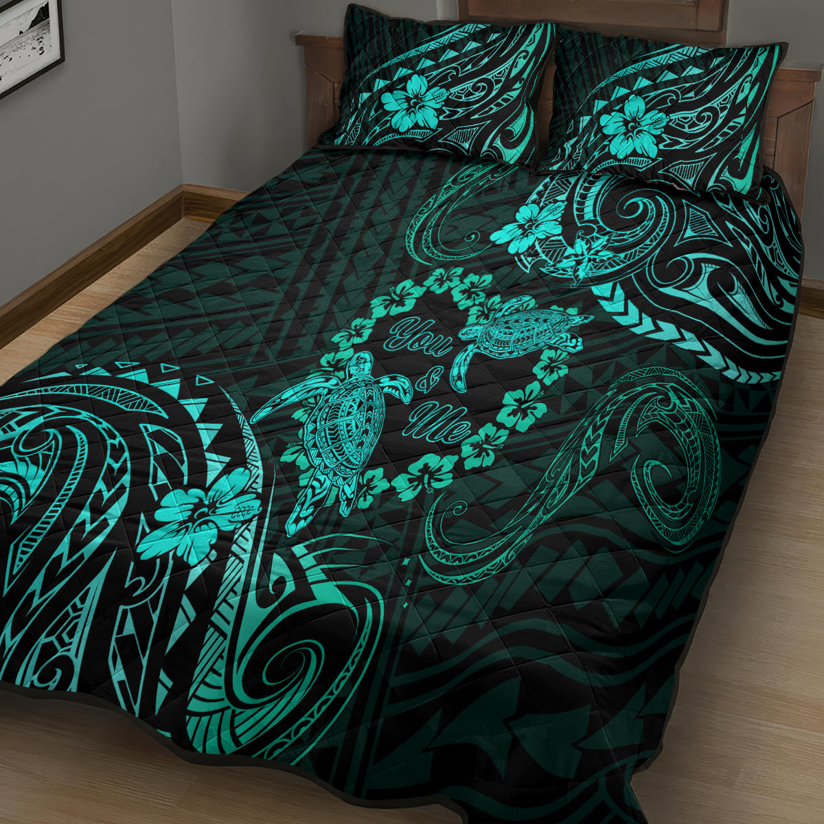 Polynesian Turtle Valentine Quilt Bed Set You And Me Turquoise Hibiscus Heart LT01 - Polynesian Pride