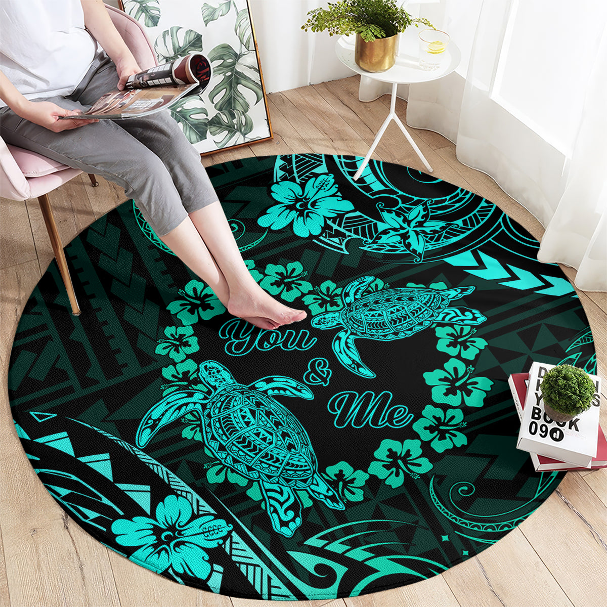 Polynesian Turtle Valentine Round Carpet You And Me Turquoise Hibiscus Heart LT01 - Polynesian Pride