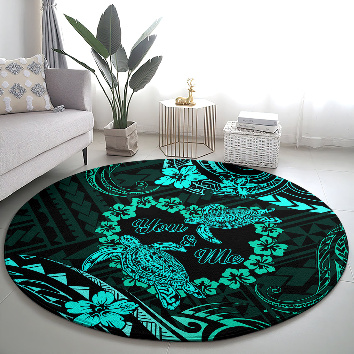 Polynesian Turtle Valentine Round Carpet You And Me Turquoise Hibiscus Heart LT01 - Polynesian Pride