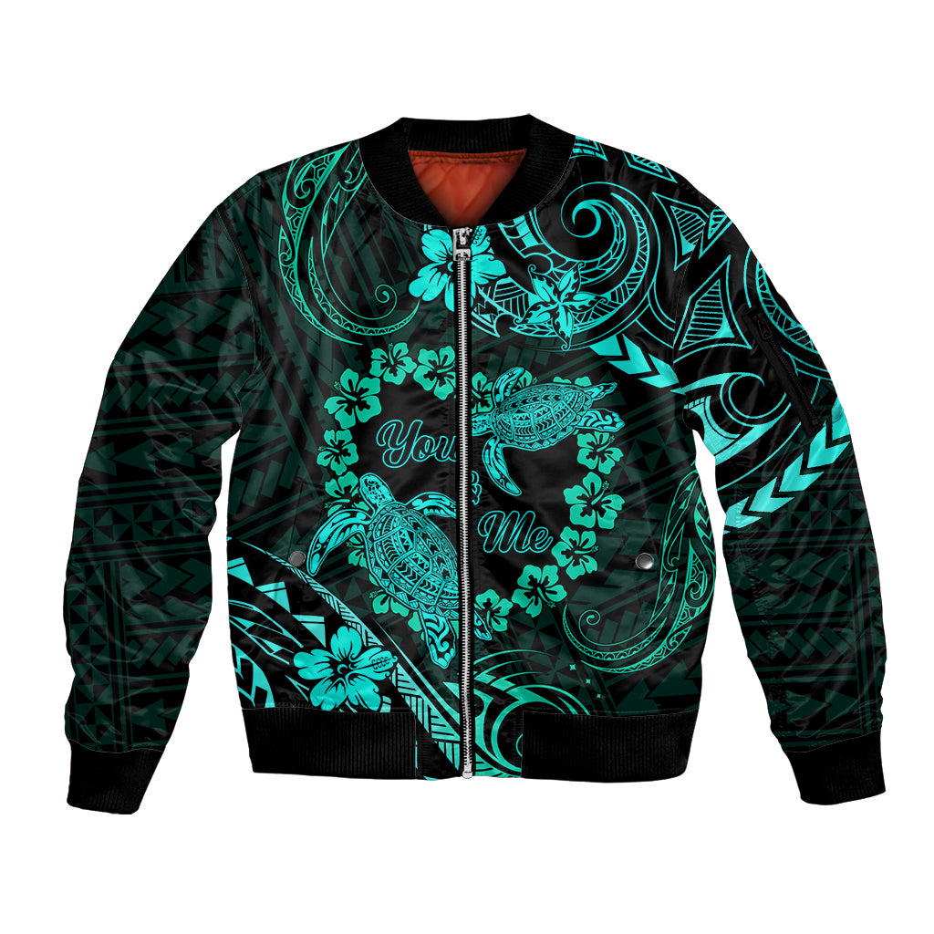Polynesian Turtle Valentine Sleeve Zip Bomber Jacket You And Me Turquoise Hibiscus Heart LT01 Unisex Turquoise - Polynesian Pride