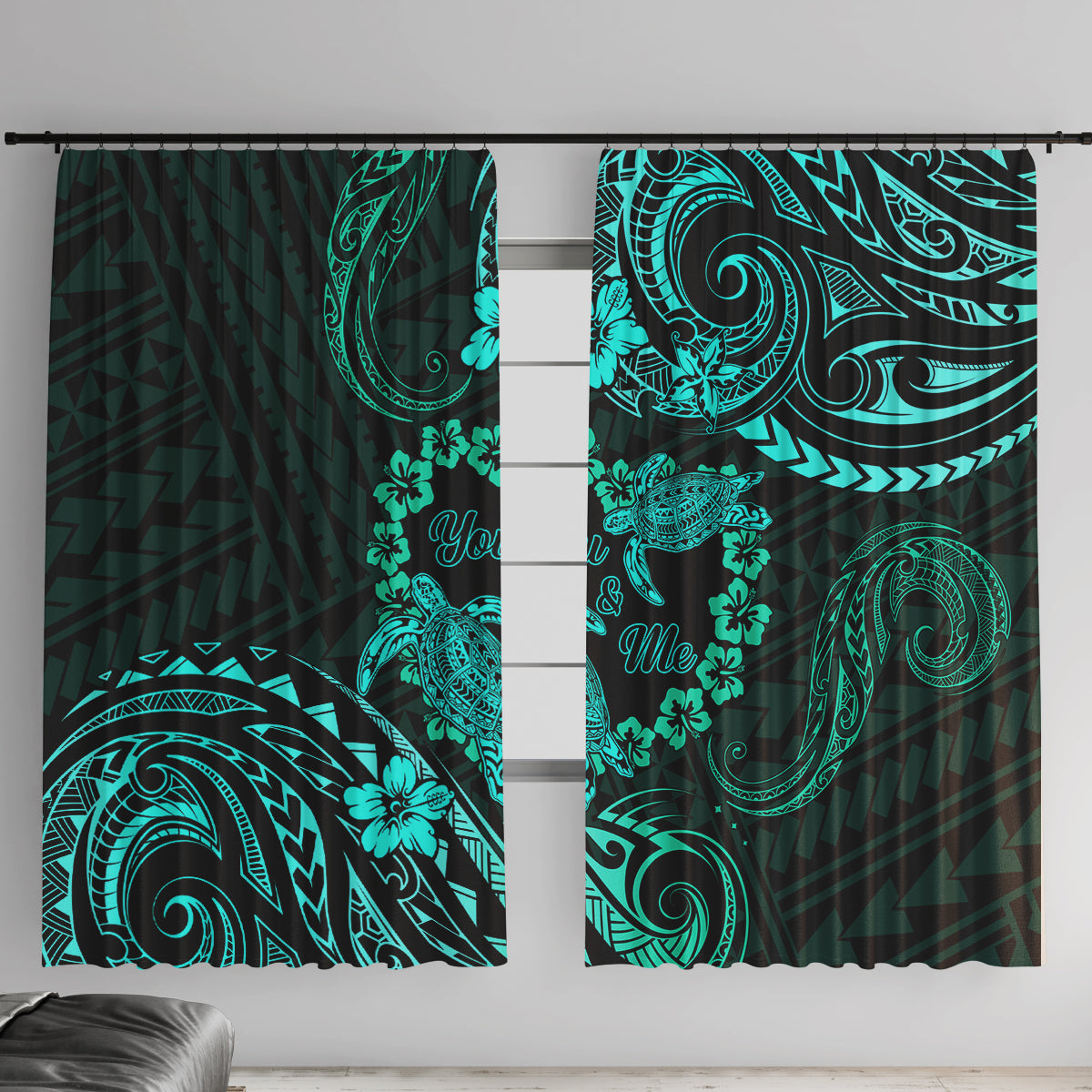 Polynesian Turtle Valentine Window Curtain You And Me Turquoise Hibiscus Heart LT01 With Hooks Turquoise - Polynesian Pride