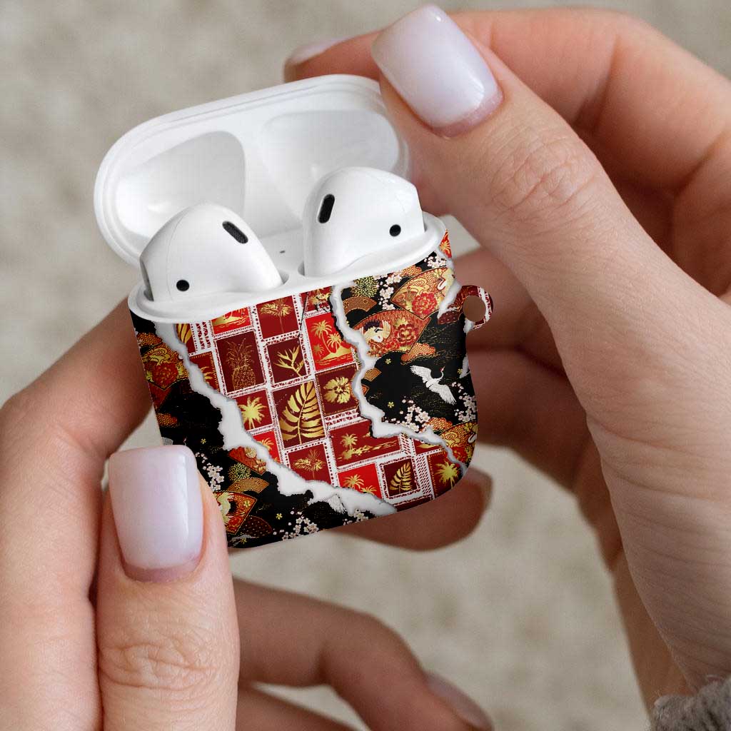 Hawaii Japanese Culture Black AirPods Case Spring Cranes Aloha Pattern