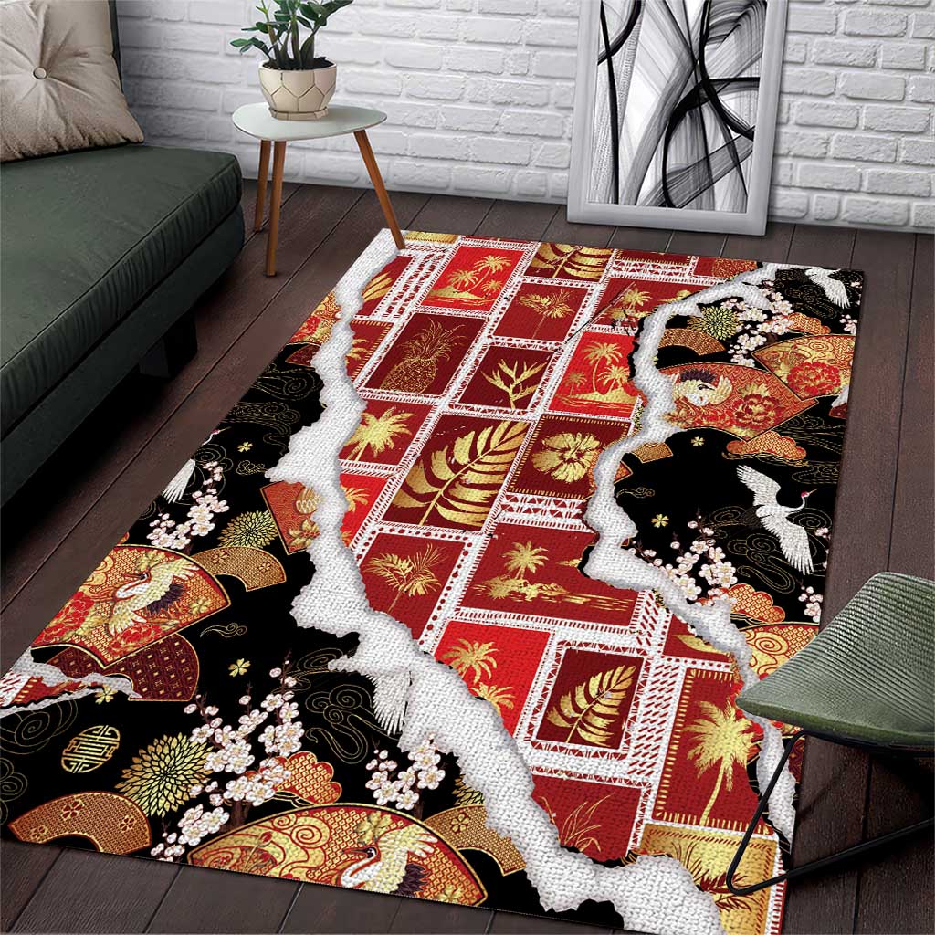 Hawaii Japanese Culture Black Area Rug Spring Cranes Aloha Pattern LT01 Black - Polynesian Pride