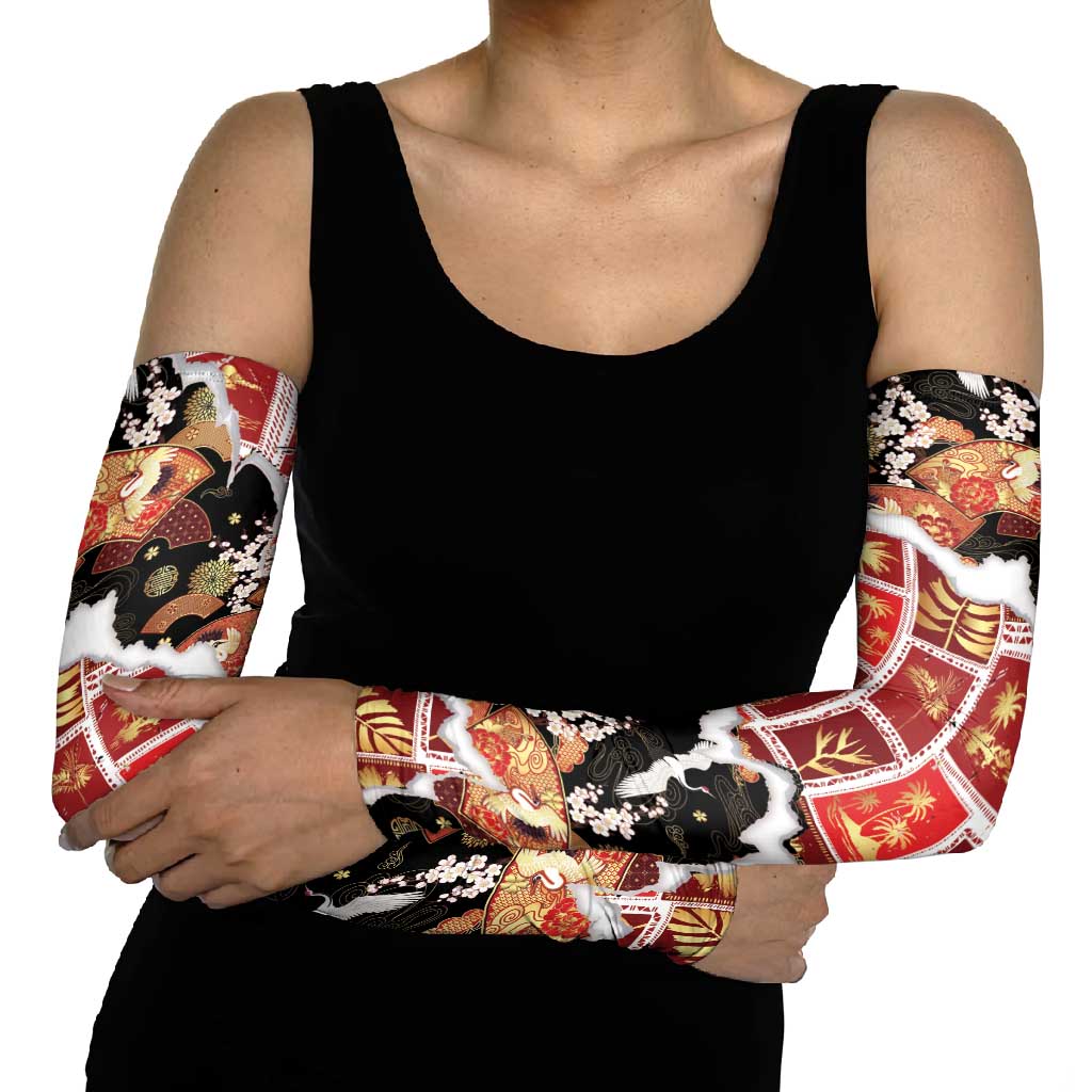 Hawaii Japanese Culture Black Arm Sleeves Spring Cranes Aloha Pattern