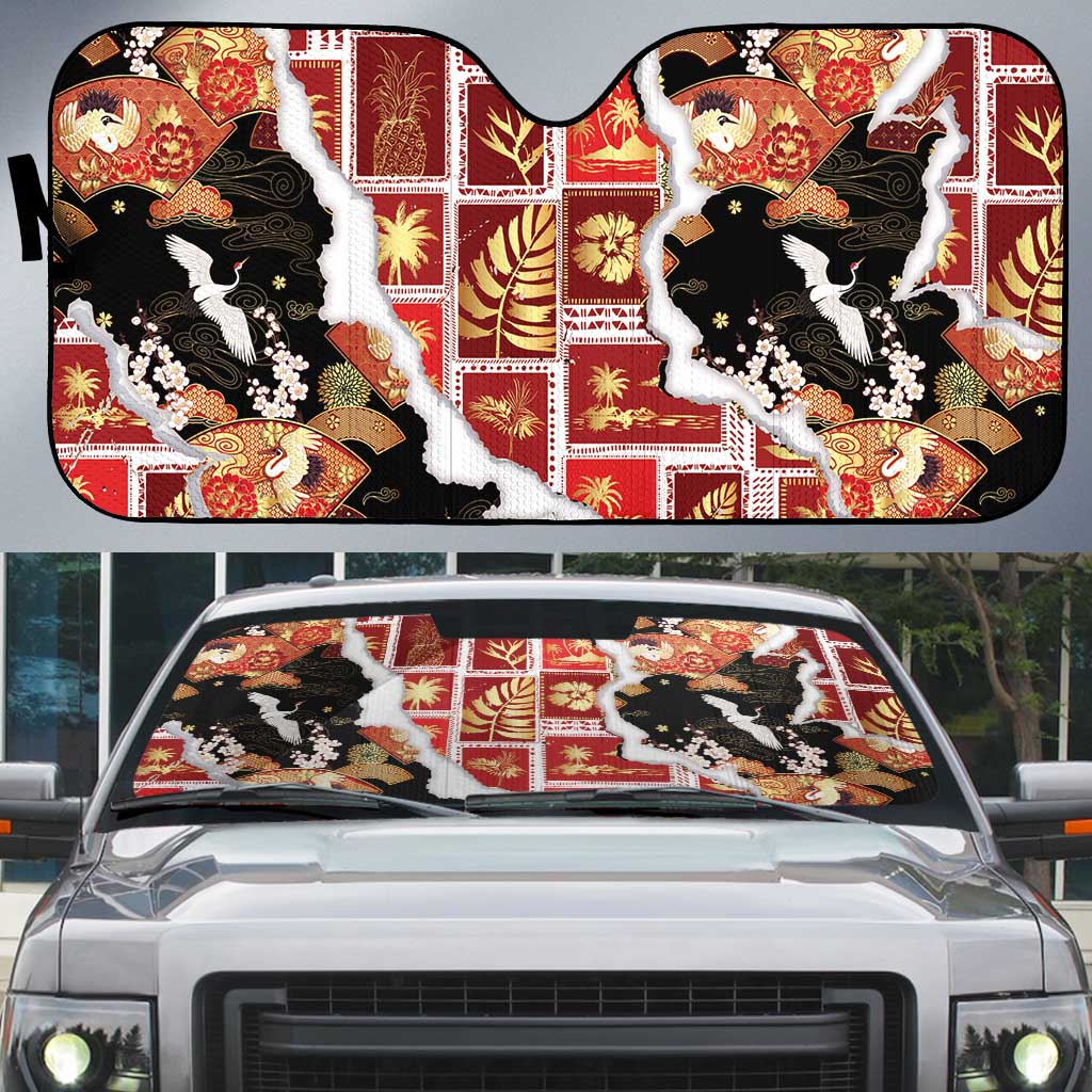 Hawaii Japanese Culture Black Auto Sun Shade Spring Cranes Aloha Pattern