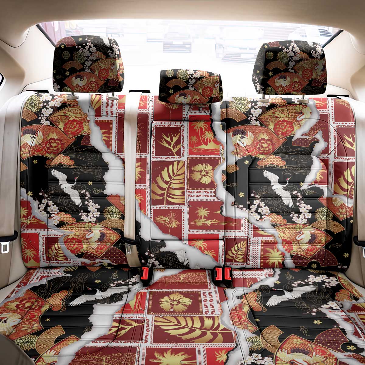 Hawaii Japanese Culture Black Back Car Seat Cover Spring Cranes Aloha Pattern LT01 - Polynesian Pride