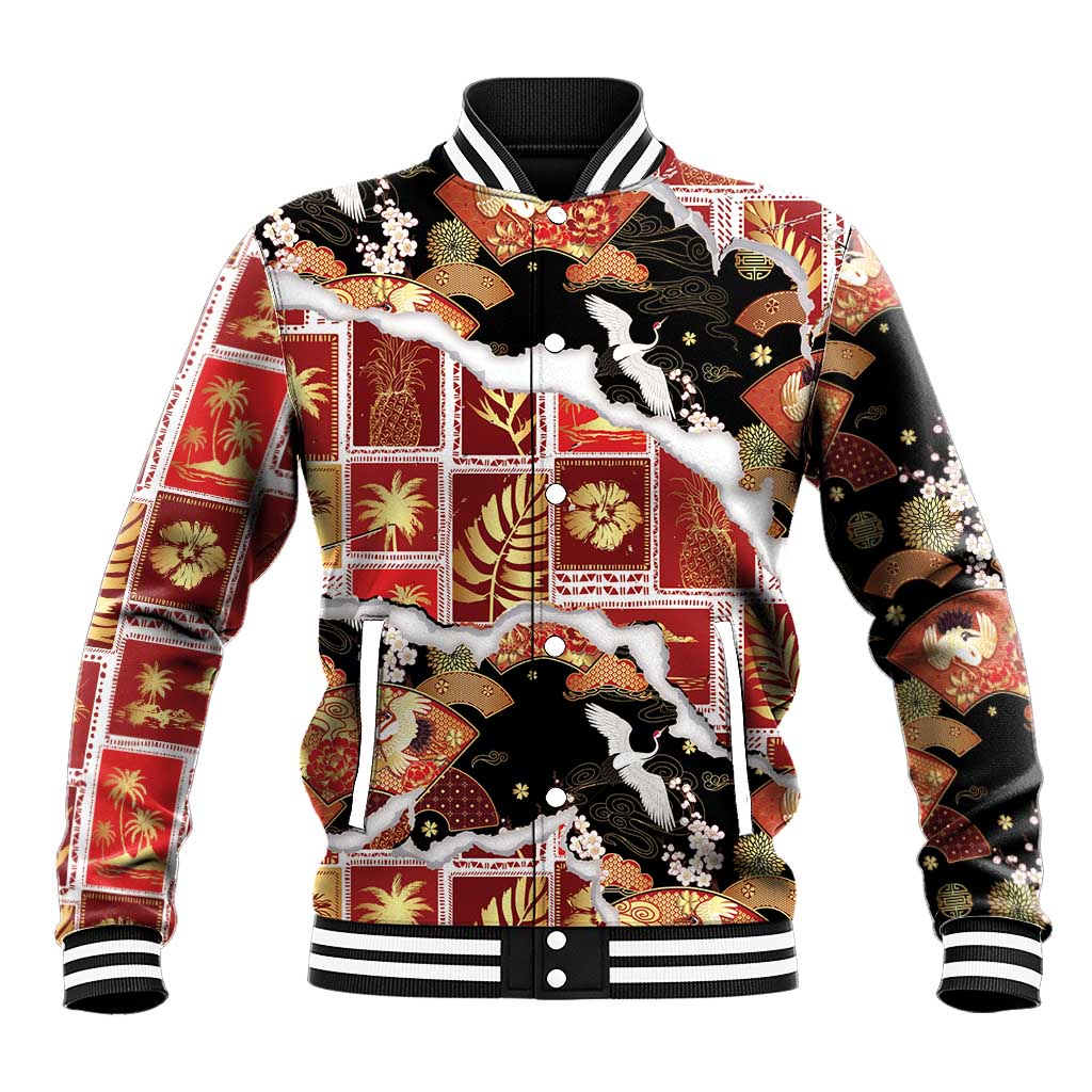Hawaii Japanese Culture Black Baseball Jacket Spring Cranes Aloha Pattern LT01 Unisex Black - Polynesian Pride
