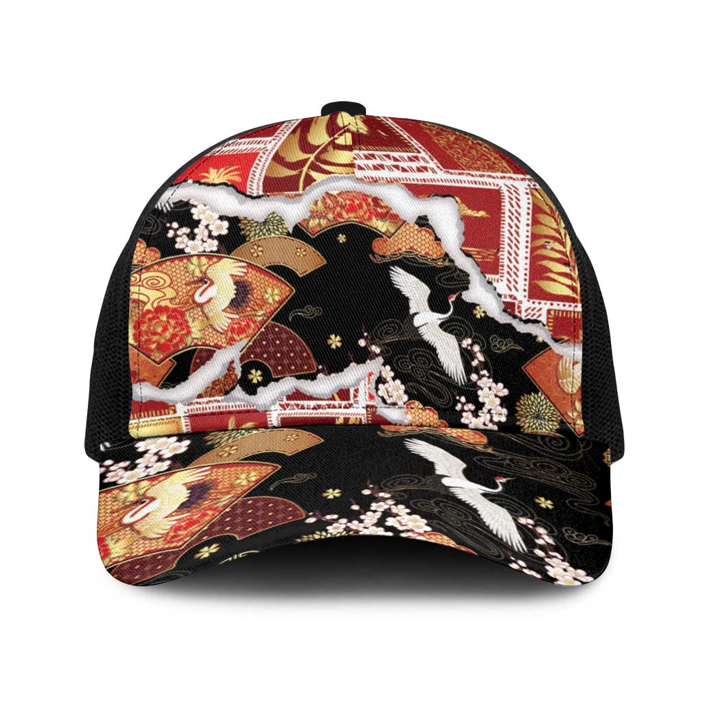 Hawaii Japanese Culture Black Baseball Net Cap Spring Cranes Aloha Pattern