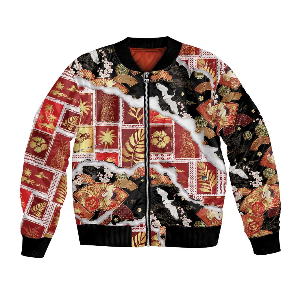 Hawaii Japanese Culture Black Bomber Jacket Spring Cranes Aloha Pattern