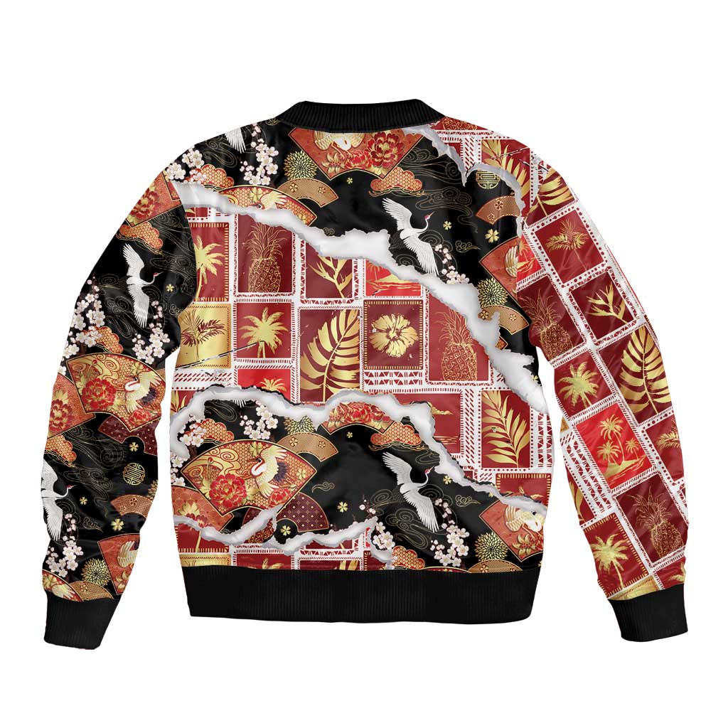 Hawaii Japanese Culture Black Bomber Jacket Spring Cranes Aloha Pattern