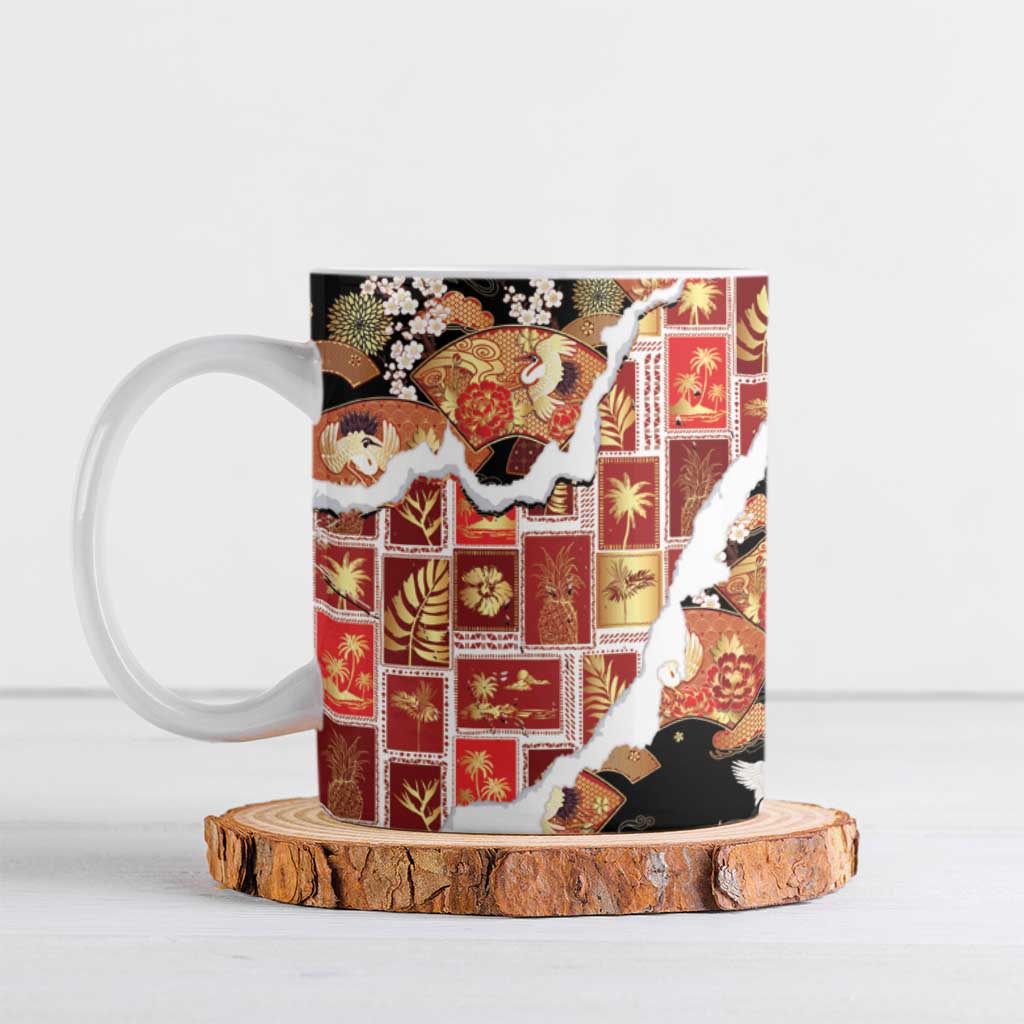 Hawaii Japanese Culture Black Ceramic Mug Spring Cranes Aloha Pattern