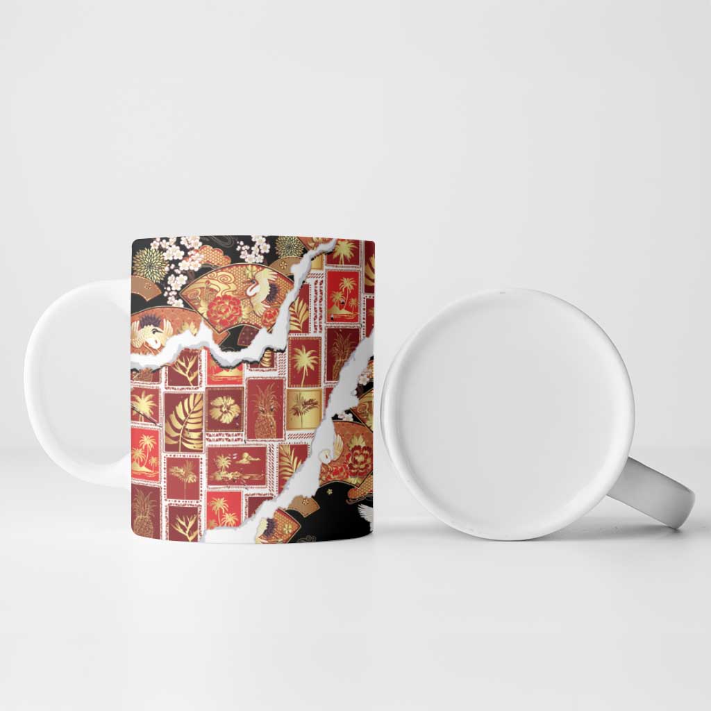 Hawaii Japanese Culture Black Ceramic Mug Spring Cranes Aloha Pattern
