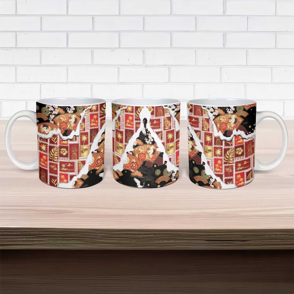 Hawaii Japanese Culture Black Ceramic Mug Spring Cranes Aloha Pattern