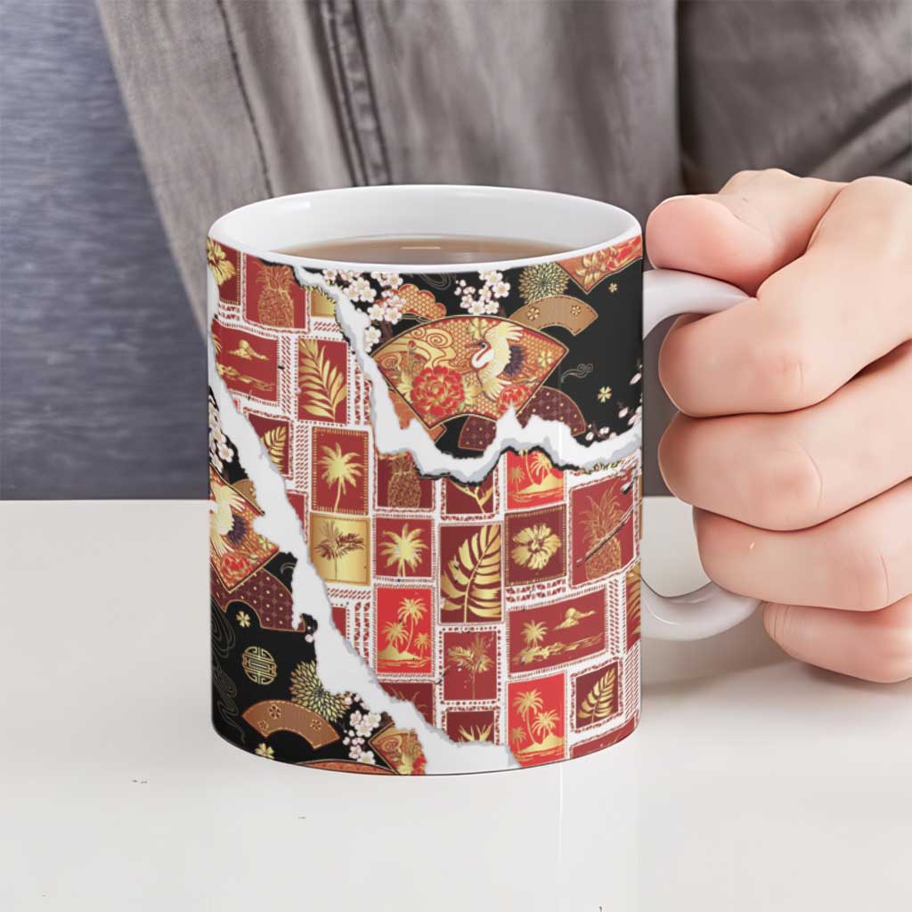 Hawaii Japanese Culture Black Ceramic Mug Spring Cranes Aloha Pattern