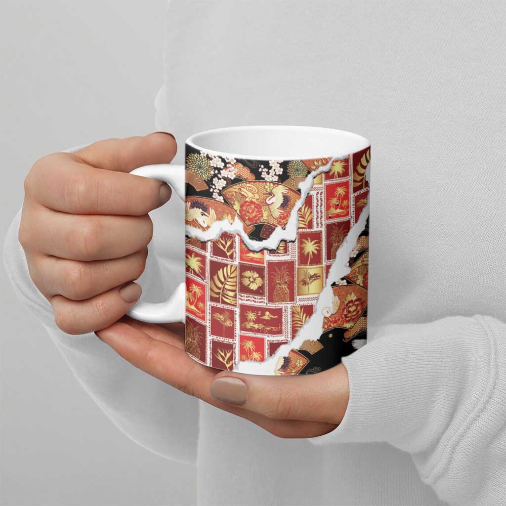 Hawaii Japanese Culture Black Ceramic Mug Spring Cranes Aloha Pattern