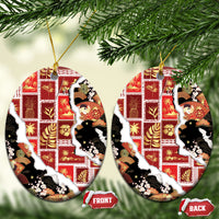 Hawaii Japanese Culture Black Ceramic Ornament Spring Cranes Aloha Pattern LT01 Oval Black - Polynesian Pride