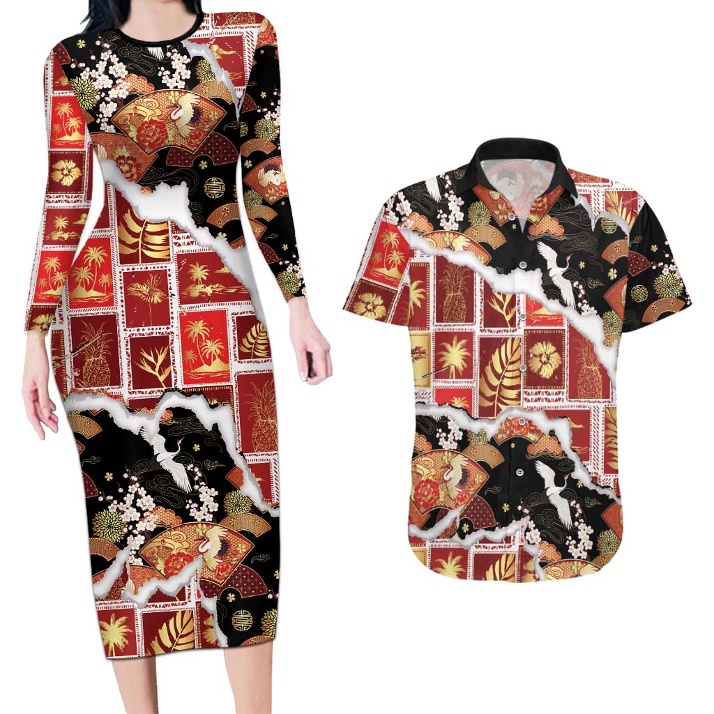 Hawaii Japanese Culture Black Couples Matching Long Sleeve Bodycon Dress and Hawaiian Shirt Spring Cranes Aloha Pattern LT01 Black - Polynesian Pride