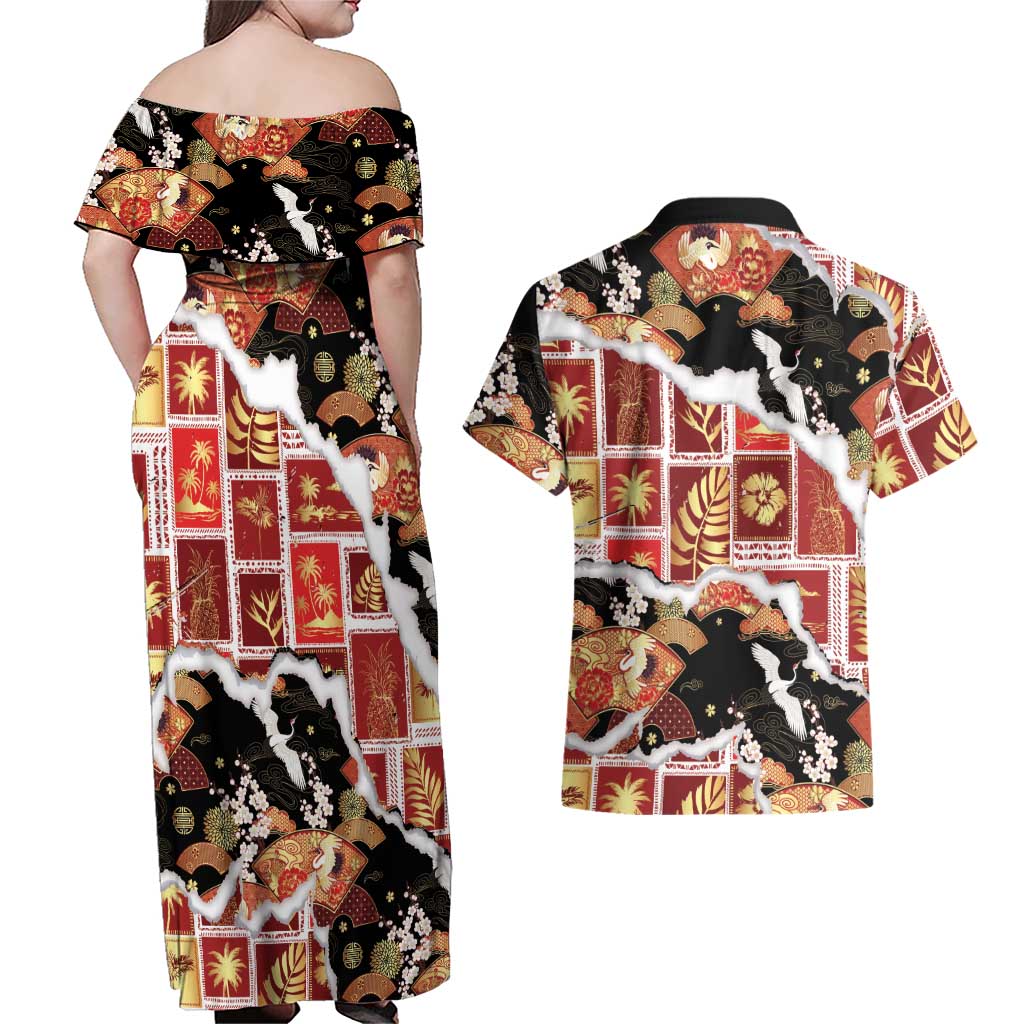 Hawaii Japanese Culture Black Couples Matching Off Shoulder Maxi Dress and Hawaiian Shirt Spring Cranes Aloha Pattern LT01 - Polynesian Pride