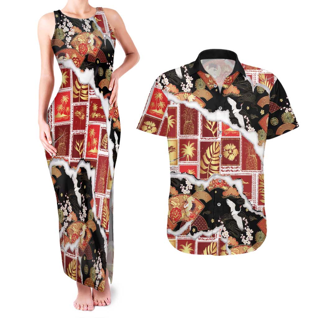 Hawaii Japanese Culture Black Couples Matching Tank Maxi Dress and Hawaiian Shirt Spring Cranes Aloha Pattern LT01 Black - Polynesian Pride
