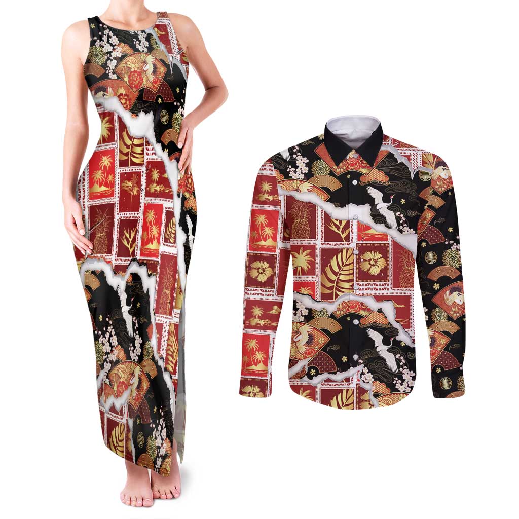 Hawaii Japanese Culture Black Couples Matching Tank Maxi Dress and Long Sleeve Button Shirt Spring Cranes Aloha Pattern LT01 Black - Polynesian Pride