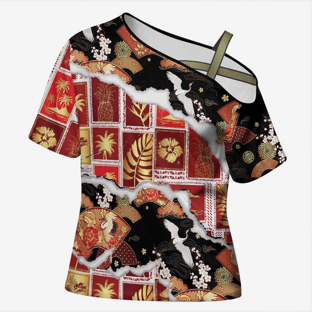 Hawaii Japanese Culture Black Cross Shoulder Shirt Spring Cranes Aloha Pattern LT01 Female Black - Polynesian Pride